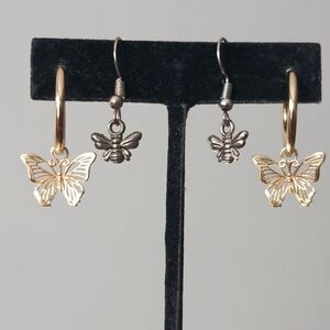 Butterflies & Bees (Moth) Earrings, Gold And Silver Toned Dangles